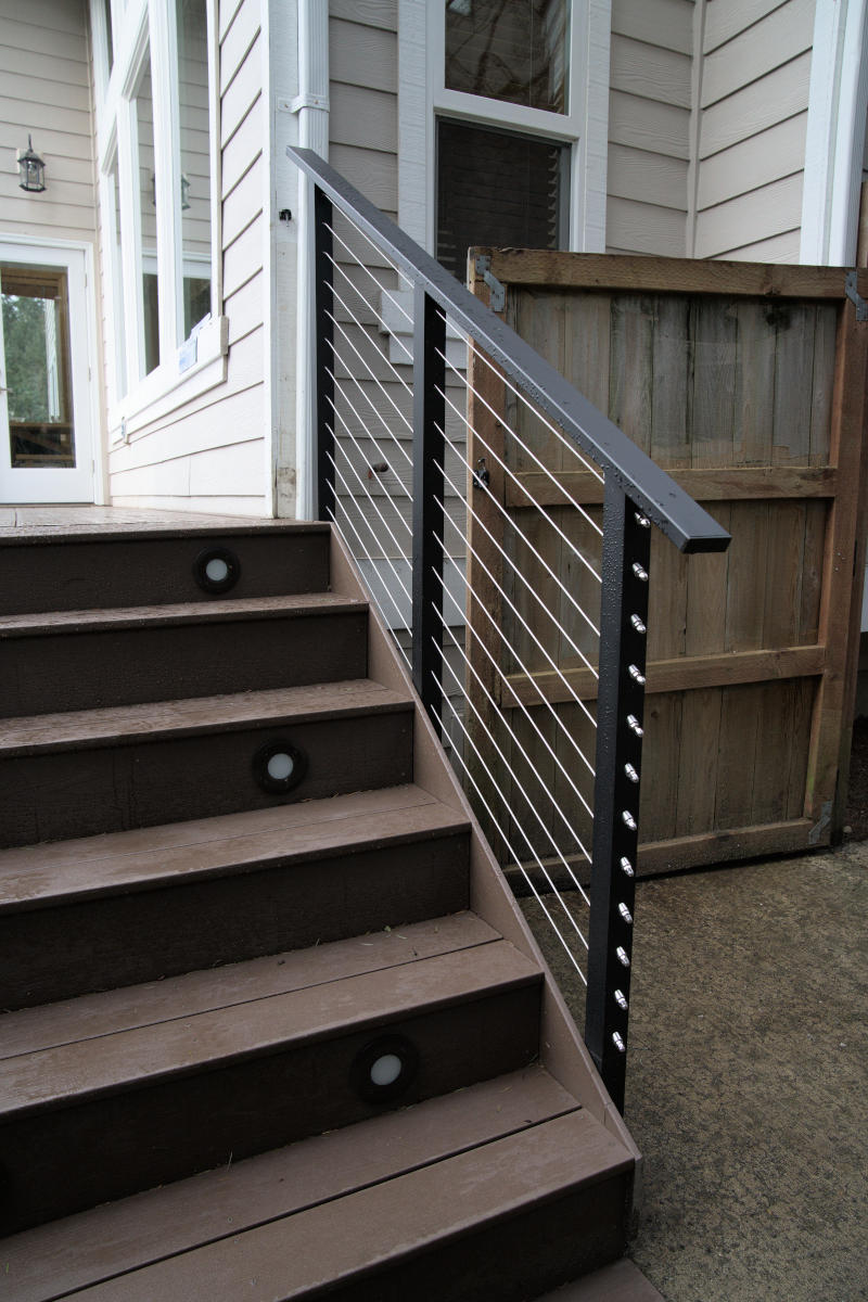 Redmond deck build balcony stairs Maisy Rail cable railing exterior stairway lighting