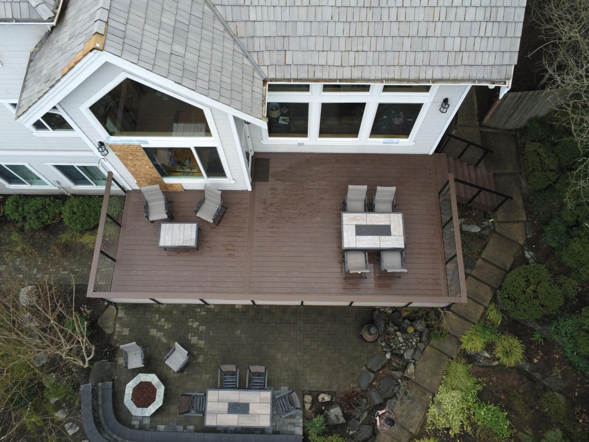 Redmond forest deck from above furnished balcony with table and chairs layout overhead