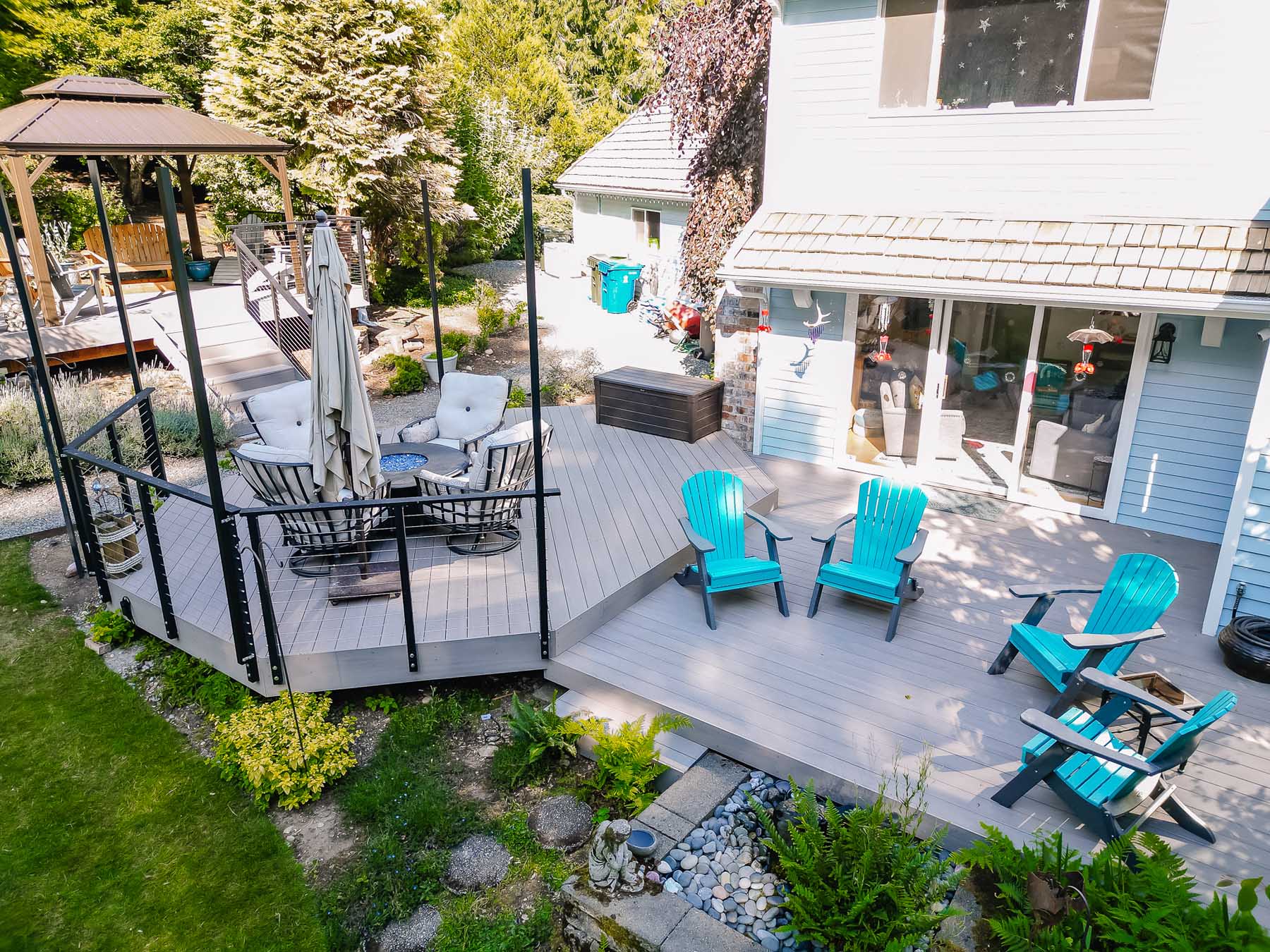 Cable railing and no railing on a deck and gazebo in Issaquah